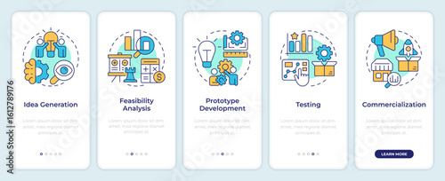 Innovation funnel onboarding mobile app screen. Marketing research. Walkthrough 5 steps editable graphic instructions with linear concepts. UI, UX, GUI. Montserrat SemiBold, Regular fonts used