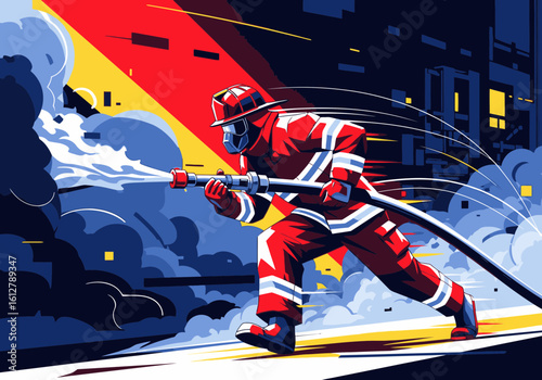 A brave firefighter in full gear battles a blaze, spraying water from a hose amidst smoke in a city at night.