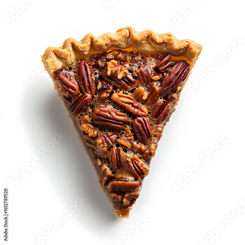A slice of pecan pie with a golden crust and rich, nut-filled filling.