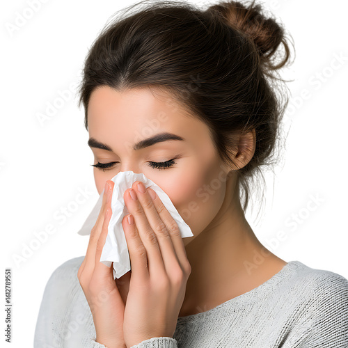 Woman Blowing Nose Cold Allergy or Flu Symptom Understanding Upper Respiratory Issues isolated on transparent Background