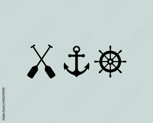 Nautical symbols crossed oars anchor and ship wheel on light blue background