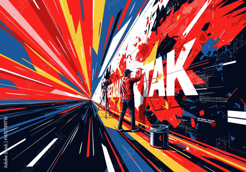 Two muralists paint a vibrant, abstract mural with explosive, colorful lines creating a dynamic sense of motion and perspective.