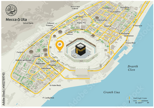 Conceptual city map illustration of Mecca, showing the holy Grand Mosque, Kaaba, and surrounding streets for religious pilgrimage.
