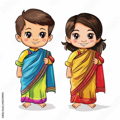 Cartoon Boy and Girl in Traditional Bengali Attire Smiling with Joy