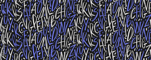 Funky seamless pattern with brush drawn playful alphabet letters. Blue and white handwritten vector latin calligraphy. Naive simple kids drawing style. Cursive english text written by a pen.