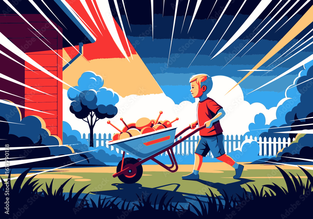 Obraz premium A young boy pushes a wheelbarrow full of apples in a vibrant, stylized backyard illustration.