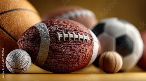 Variety of sports balls on a table, showcasing basketball, football, soccer, and baseball in a vibrant setting