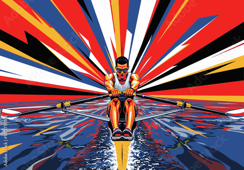 A vibrant illustration of a rower in action, surrounded by a dynamic burst of color.