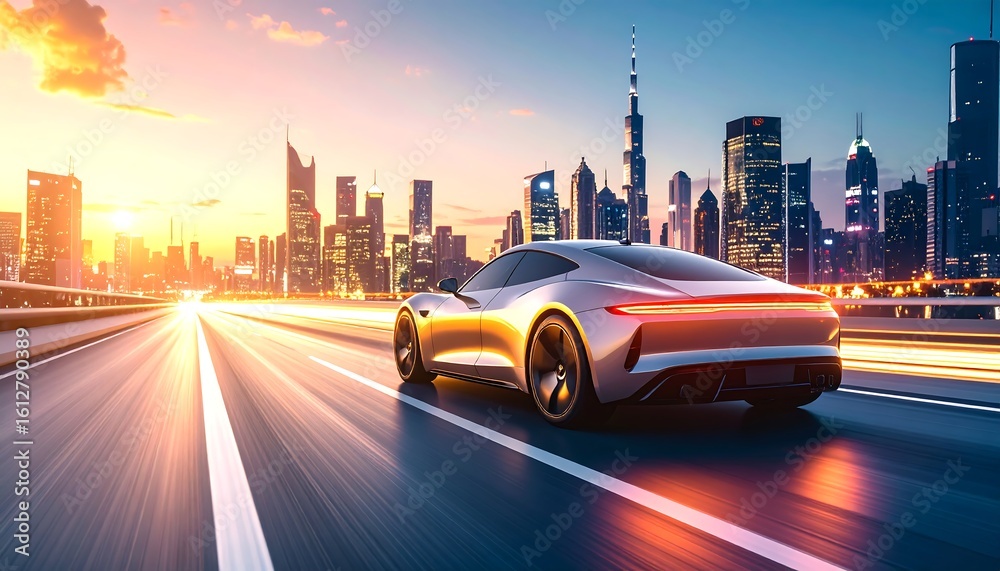 Naklejka premium Sleek silver car speeds along highway at sunset, modern city skyline backdrop