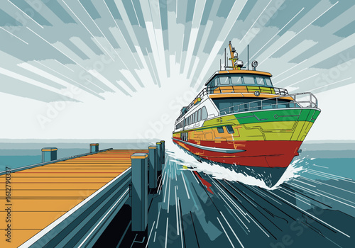 A colorful ferry boat approaches a wooden dock, with an abstract background suggesting speed and movement.