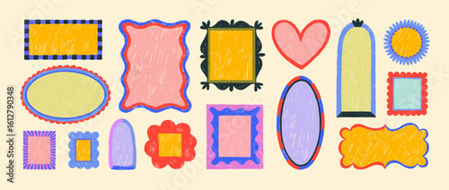 Funky colorful decorative frames with crayon drawn texture. Playful abstract whimsical borders. Geometric templates for wedding invitations and greeting cards. Groovy vector picture frames.