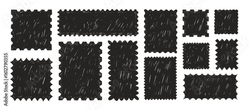 Crayon drawn vintage postcard stamp or picture frames. Graphic post card stamp illustrations. Rectangle and square tex boxes with wavy or zigzag edges. Black whimsical boarders and frames.