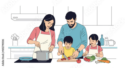 A joyful family engaged in culinary activities together in a modern kitchen setting
