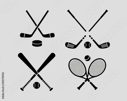 Collection of crossed sports equipment icons with balls and puck