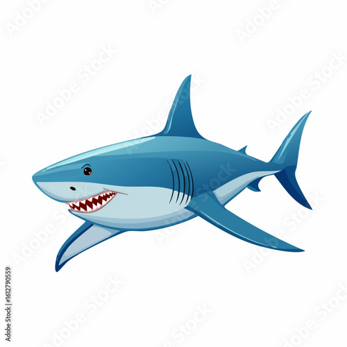 Cartoon shark with a distinctive blue body and sharp teeth swimming in an unknown ocean