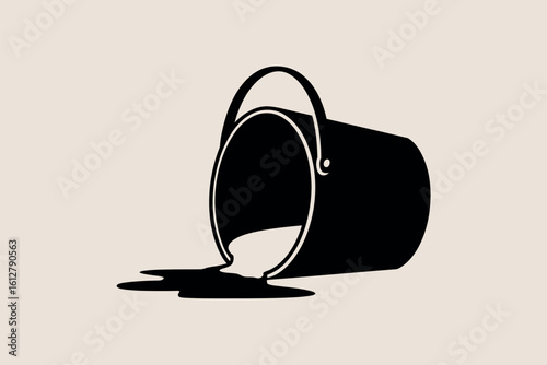 Black silhouette of an overturned bucket spilling liquid onto a light background