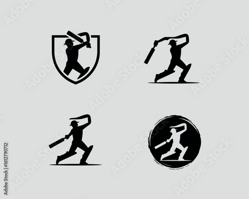 Cricket player silhouette set batting action sports icons