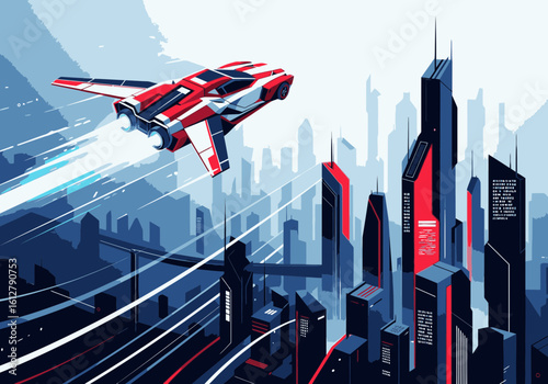 A sleek, red and white spaceship soars at high speed over a futuristic city skyline.
