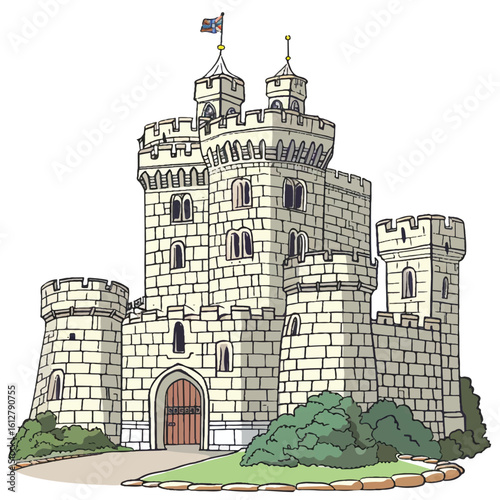Cartoon Castle with Flag Towers Stone Walls and Green Bushes