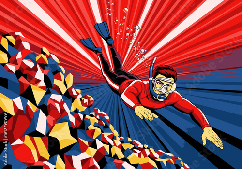 A man in a red wetsuit and snorkel swims through a surreal, abstract underwater world.