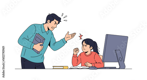 Frustrated father scolding daughter about homework while she looks unmotivated by his anger and frustration