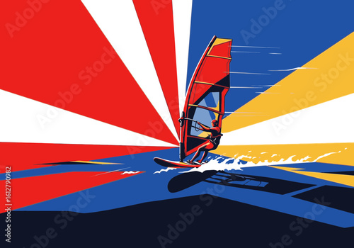 A dynamic graphic illustration of a windsurfer speeding across the water with a vibrant, stylized sunburst background.