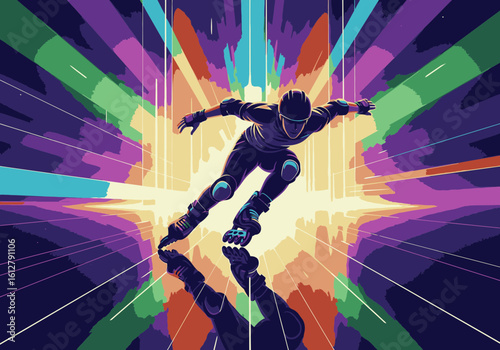 A dynamic inline skater speeds forward, reflected on a glossy surface against a vibrant, abstract background of radiating colorful lights.