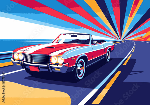 A vintage red convertible cruises along a scenic coastal highway under a vibrant, colorful sky.