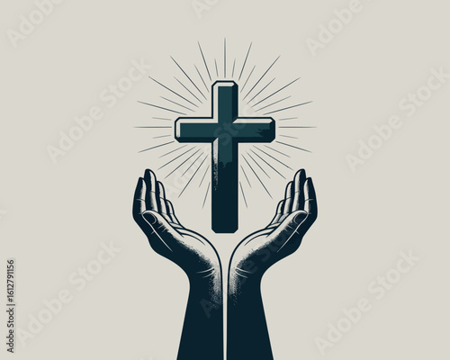 Hands holding a glowing cross with rays of light emanating outwards