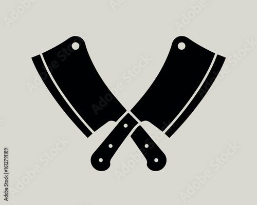 Two crossed butcher knives silhouette on a light background