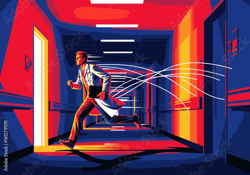 A doctor in a white coat runs urgently down a dramatically lit hospital corridor toward a bright doorway.