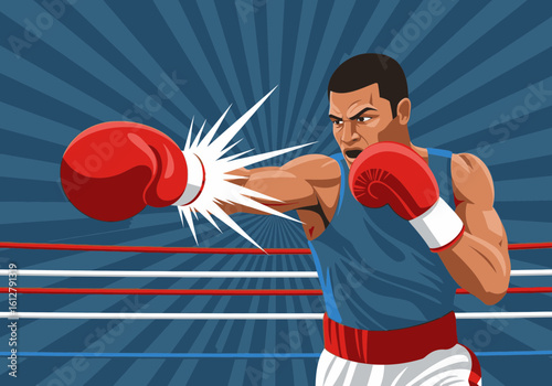 An intense male boxer in red gloves delivers a powerful punch in a boxing ring.