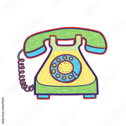 Crayon style kids doodle retro telephone with naive colorful lines.