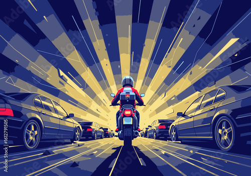 A motorcyclist rides between lanes of cars in heavy traffic, depicted in a dynamic, graphic illustration style with radiating lines.