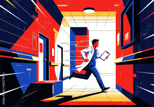 A dynamic illustration of a doctor urgently running through a brightly colored hospital corridor, holding a clipboard.