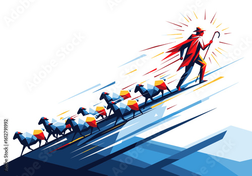 A heroic shepherd with a radiant glow leads his flock of sheep up a steep incline.