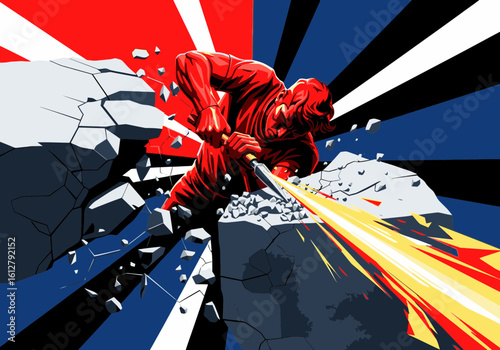 A powerful figure in red, wielding a tool, forcefully breaks apart large gray rocks against a backdrop of vibrant red, white, and blue.