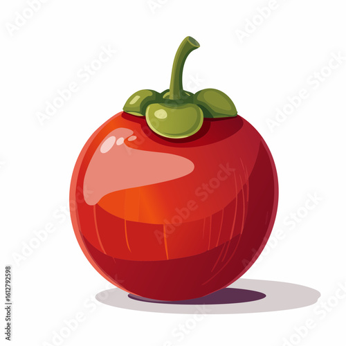 Cartoon red tomato with green leaves illustration creates a vibrant and playful feeling