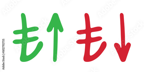 Hand drawn turkish lira currency symbol Growth and fall profit with arrow up and down Brush stroke doodle Element for design