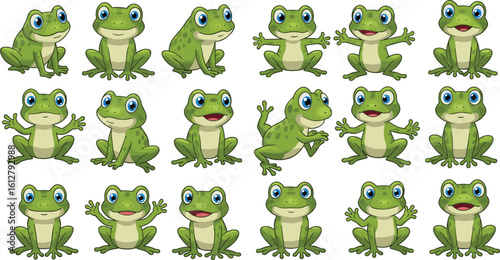 Collection of Cartoon Frogs in Playful Poses for Children’s Projects, Nature Themes, Character Design, and Educational Illustrations