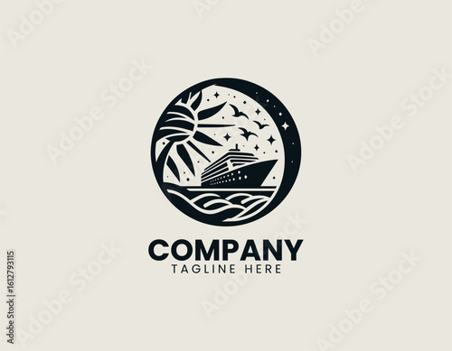 Vibrant cruise ship with palm tree and setting sun representing luxurious tropical travel. Tourism concept