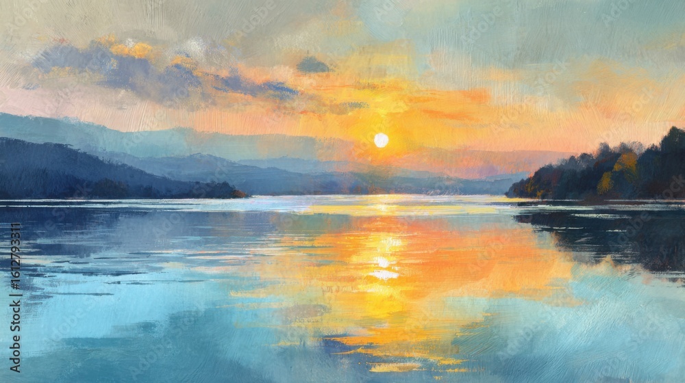 Naklejka premium A stunning sunset casts vibrant colors over a tranquil lake. The sky transitions from orange to blue, with mountains reflecting in the calm water, creating a peaceful atmosphere.