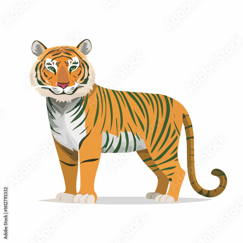 Majestic Cartoon Tiger with Striking Stripes Standing Tall and Proudly on White Background
