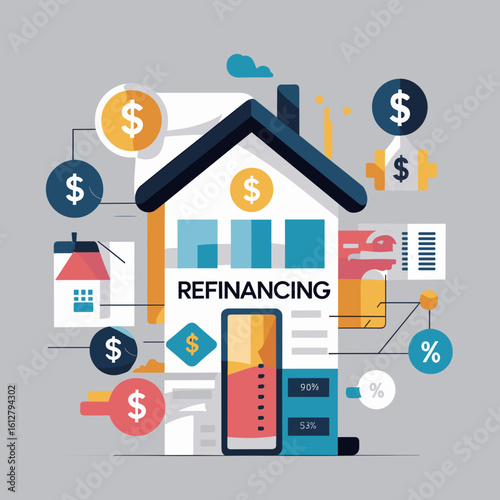 Conceptual illustration of home refinancing with financial symbols  