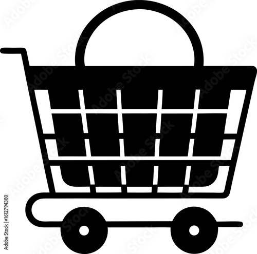 Bold black and white graphic of shopping cart with wheels and basket grid