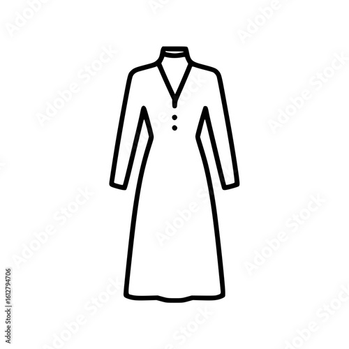 Simple black outline icon of a modest long sleeve women's dress with buttons and collar