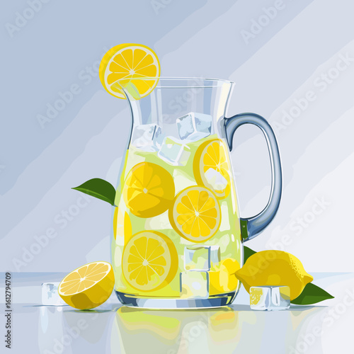 Refreshing lemonade pitcher with ice and lemon slices  