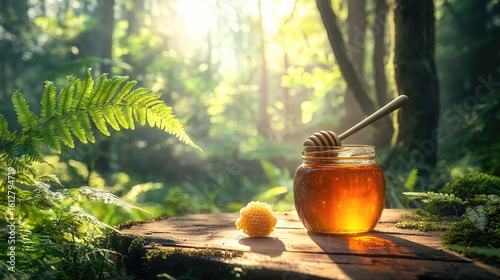Honey jar on a wooden stump in a sunlit forest.