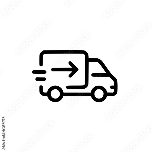 Outline icon of a parcel delivery van with fast motion arrows representing quick courier service