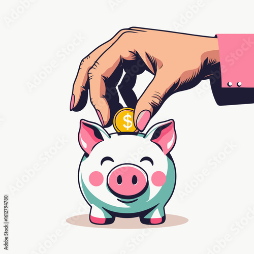 Hand placing coin into smiling piggy bank in colorful illustration  